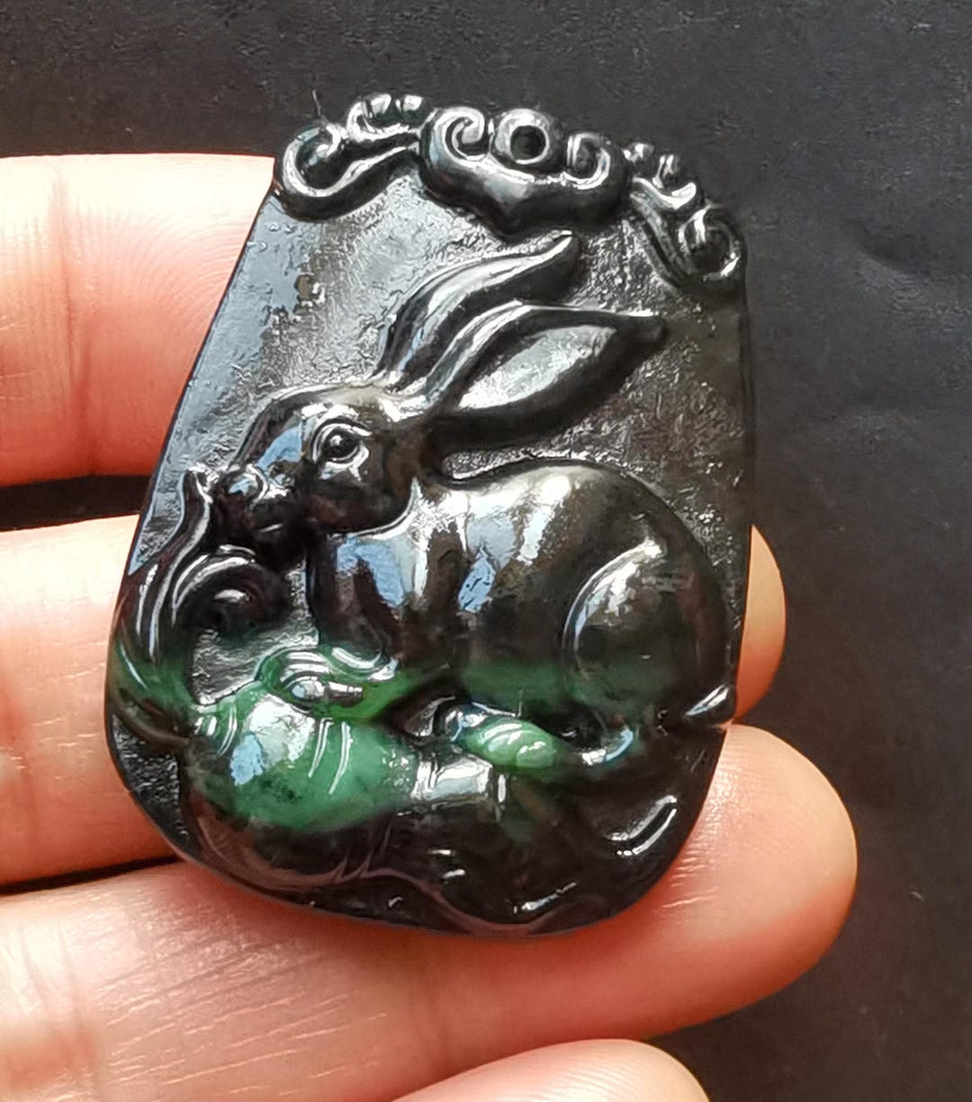 Jade Rabbite Chinese Zodiac Rabbite Carving Natural Black Green Jade Stone Pendant ...