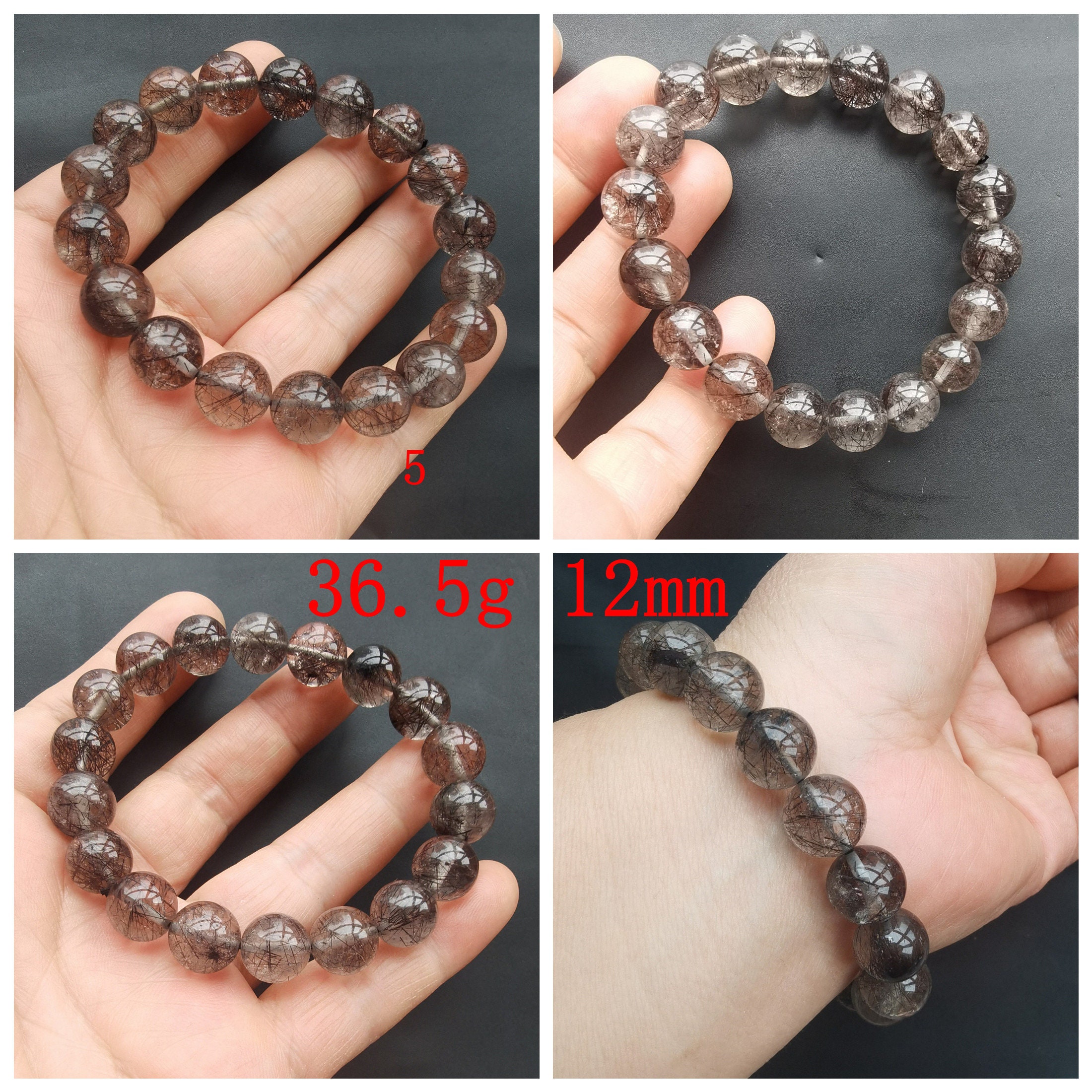 Natural Black Rutilated Quartz, Crystal Beaded Bracelet,10mm