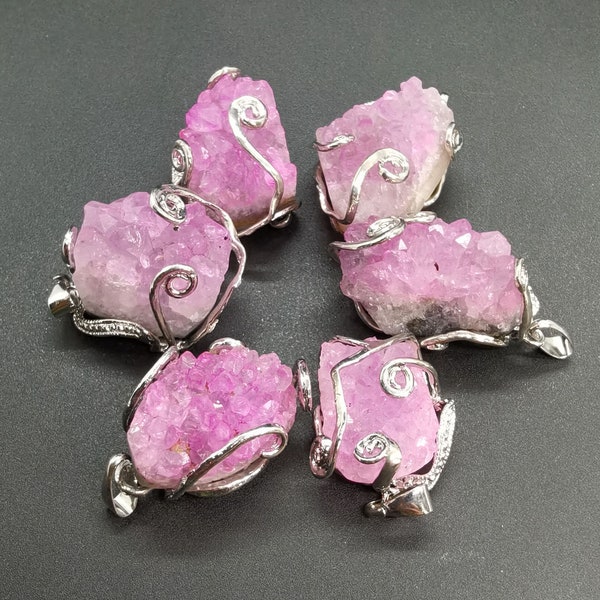 Raw Pink Quartz Cluster Crystal Titanium beads,Silver,druse,Healing bead,pendant bead