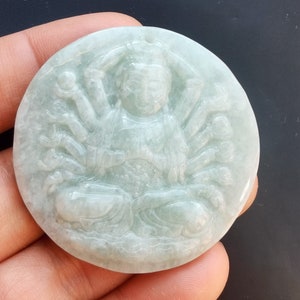 Thousand handed Guanyin Circle carved natural green Burmese jadeite jade stone pendant,Grade A,protection,Amulet making necklace jewelry