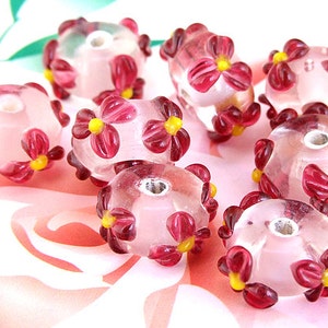 5beads/lot Charm Red Petal Flower Rondelle Clear Pink Lampwork gemstone beads 8mmx15mm