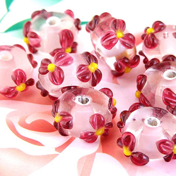 5beads/lot Charm Red Petal Flower Rondelle Clear Pink Lampwork gemme perles 8mmx15mm