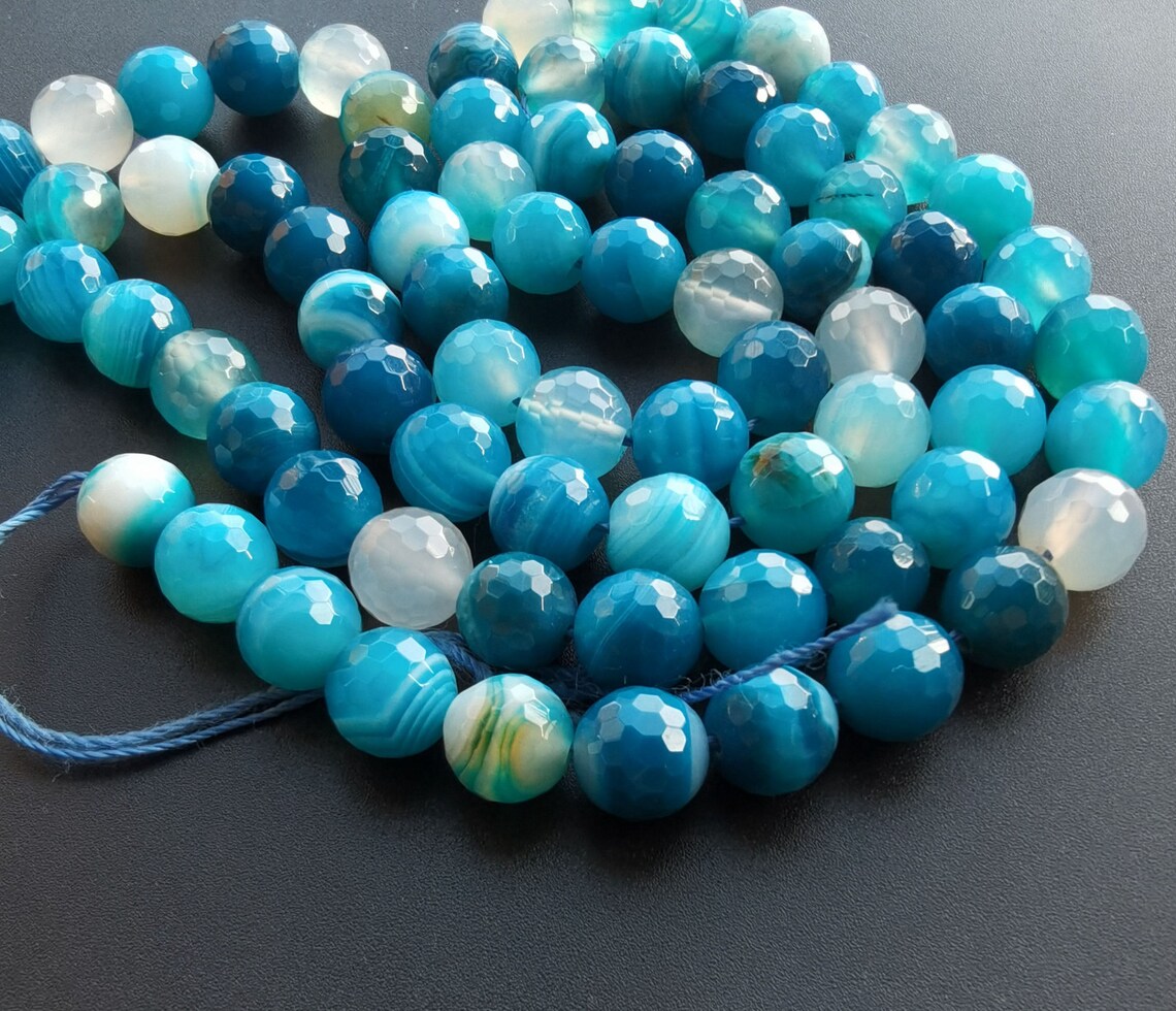 4mm 14mmfaceted Blue Vein Agate Stone Strandround Loose Etsy