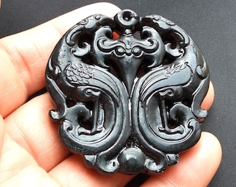 Jade Dragon Phoenix Pendant: Black Green Stone Amulet