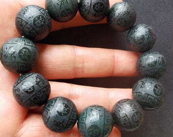 Natural Black Green Jade Beaded Bracelet: Amulet Healing Jewelry