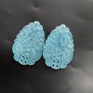2pcs,Hollow dragon Flower bring money teardrop carving sea blue Jade stone pendant,earring bead,Amulet for making handmade Necklace Jewelry