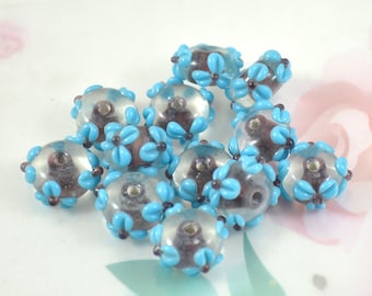 Blue Flower Lampwork Beads: Rondelle Charm, 8mm x 16mm