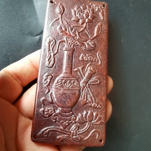 Rectangle vase flower Carving brown red Jade stone Pendant, Amulet Mythical Animals Necklace Pendant Jewerly
