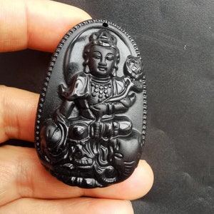 Chinese bodhisattva Black Obsidian stone Pendant, Oval Amulet Necklace Pendant Jewerly, for handmade making jewelry