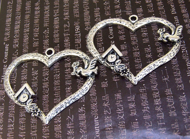 4pcs Heart Bird Link Pendant Base Beads Antique Silver Plated Filigree Findings Metal Connector Link Beads 40mmx32mm N image 4