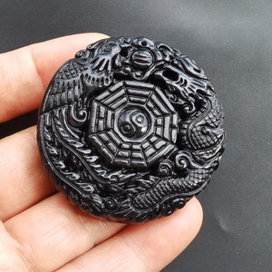 Dragon Phoenix Black Obsidian Pendant: Amulet Necklace (50mm)