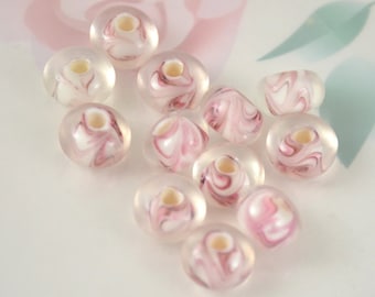 Pink Flower Lampwork Beads: Clear Glass Rondelle Charms (3mm Hole)
