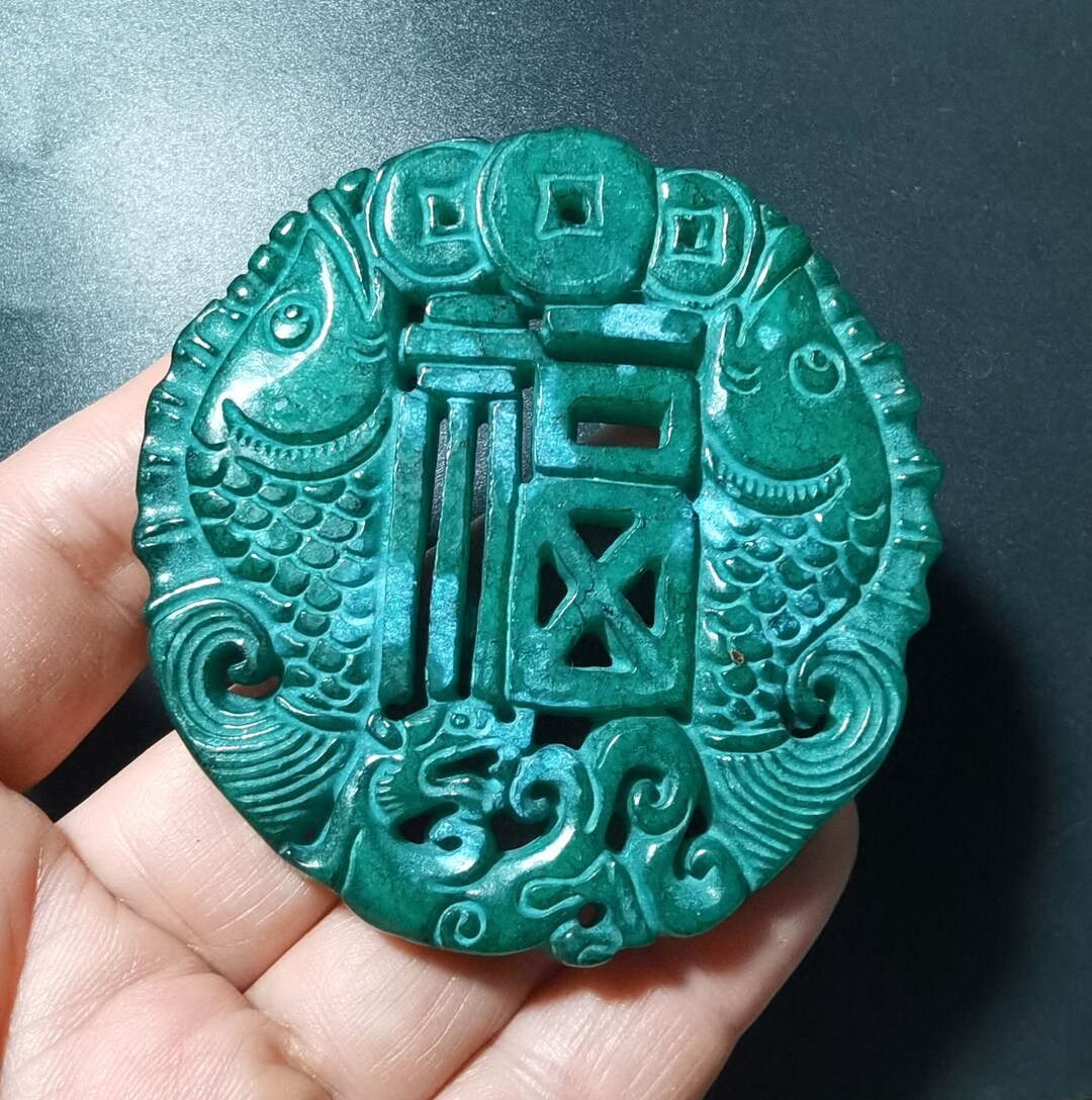 Chinese Fish Fu Word Jade Stone Pendantcircle Carved Jade Etsy