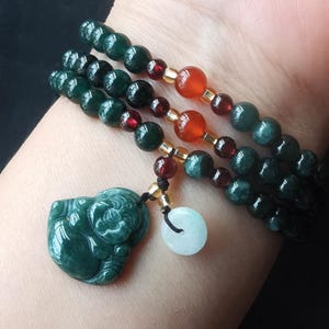 21&quot; PingAn Buddha drop,3rows Round Natural Guatemala green jadeite jade stone Bracelet,6mm,bracelet,Amulet Stretch Bracelet, Unisex necklace