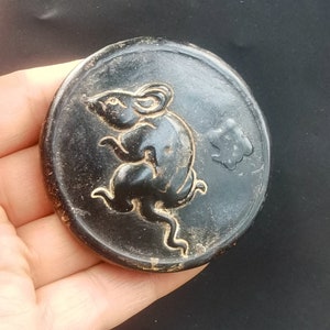 Circle Rat,mouse,Chinese Zodiac,natural black Jade stone Pendant, Carved animal Jade Link, Amulet Mythical Animals Necklace Pendant  ZB