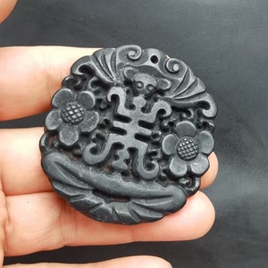 Carved Green Jade Pendant, Flower Bat jade bead, long life natural Jade Pendant gemstone  , Amulet Talisman for handmade Necklace Jewerly MB