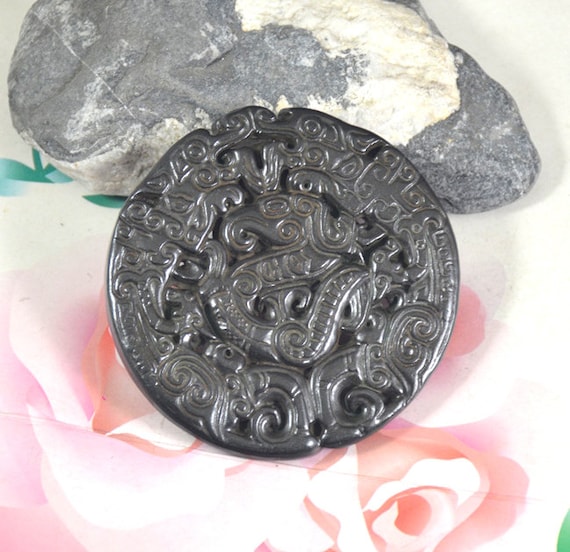 Large Carved Jade Pendant,Brown Dragon Jade Pendant phoenix Jade Pendant  Double Face Amulet Talisman Necklace Pendant Jewerly 68mm B2