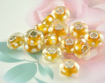 Handmade Lampwork Glass Beads: Yellow Rondelle Charm with White Dots (4.5mm Hole)
