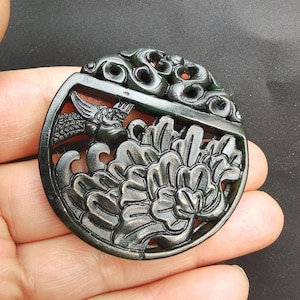 Chinese Dragon bird flower black green Jade Pendant,circle doule face,Amulet Talisman,handmade Necklace Pendant Jewerly MB