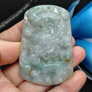Certified Grade A Natural Jadeite Jade pendant, Rectangle Chinese Dragon Burmese jade Amulet necklace Pendant, Gemstone bead stone jewelry