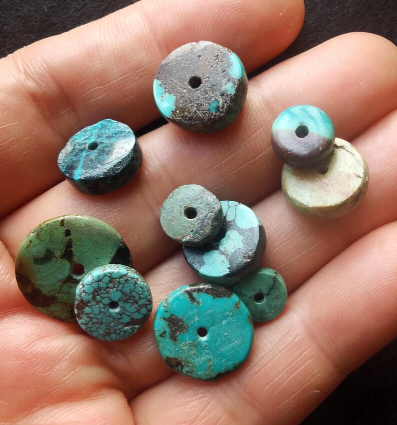 8.8g 10beads Genuine coin donut,natural old turquoise,green black loose beads,for making earring beads,bracelet beads,necklace image 3