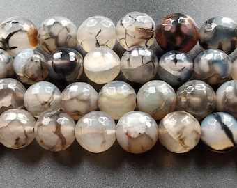 Faceted Black Dragon Vein Agate Beads: Round Crackle Gemstone Strand (15 inch)