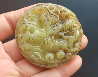 circle carved dragon  Chinese Zodiac natural green jade stone pendant, amulet Talisman for handmade Necklace Pendant Jewerly A2