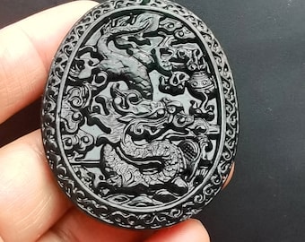 Oval Dragon Black Jade Pendant: Mythical Amulet Necklace