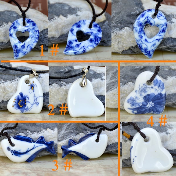 Porcelain Pendant, Hand Painted Porcelain necklace, Blue Floral, Love Wedding Jewelry, heart, fish, circle, teardrop pendant, wholesale gift