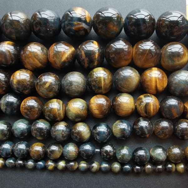 6mm-20mm,Round smooth blue yellow tiger eye stone strand, 6mm,8mm,10mm,12mm, wholesale stone beads,full one strand,15.5"