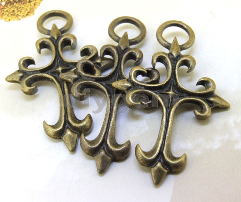 4PCS Large Charm Cross Base Pendant Beads Bronze Plated Brass Jewelry Filigree Link Findings Pendant Earwire Beads 48mmx30mm O image 4