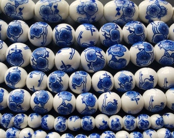 Porzellan Blue Flower Perlen, 6 mm, 10 mm, 12 mm, glatt rund, Barrel, Voll ein Strang, lose Perlen
