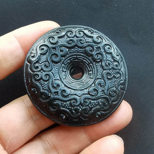 Lucky Donut Twist circle carving natural black green Jade stone Pendant,Double face,Amulet Mythical Animals Necklace Pendant Jewerly MB