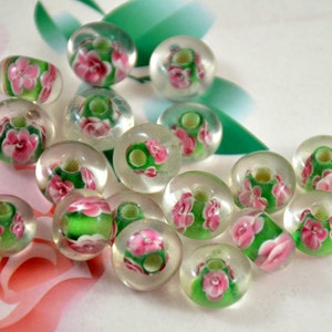 5perlen Loch 3mm Charm Rondell Rosa Blume Klar Grün Lampwork Edelstein Perlen 8mmx13mm Glas Edelstein Perlen