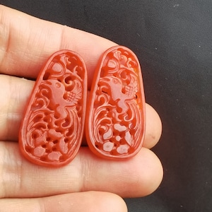 2pcs Hollow bird flower very happy lucky carving  red Jade stone pendant,earring bead,Amulet for making handmade Necklace Pendant Jewelry