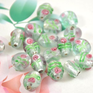 5beads 6Beads 10Beads Hole 2mm Charm Drum Clear Flower Green Lampwork gemstone beads 10mmx13mm Glass Gemstone Beads