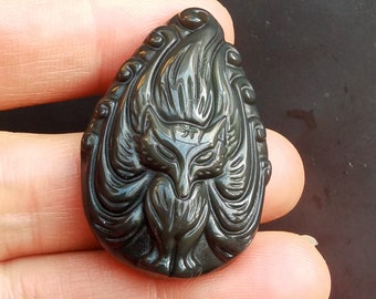 Carved Black Obsidian Fox Pendant: Teardrop Amulet Necklace