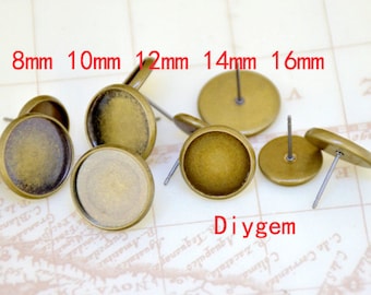 10Pairs 20pcs Ear Stud Trays Antique Bronze Ear Tray Fit 8mm/10mm /12mm/14mm/16mm Circle Cabochon smooth Pad Ear Base Set Fitting Ear Stud