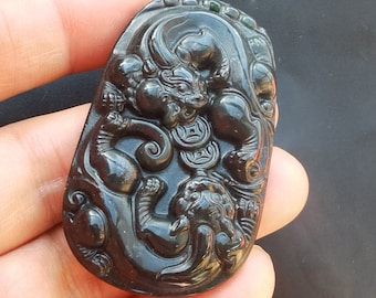 Carved Black Green Jade Pixiu Dragon Pendant: Mythical Amulet