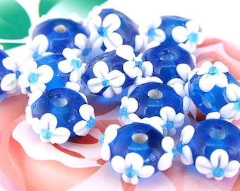 5beads/lot Charm White Petal Flower Handmade Rondelle Blue Lampwork gemstone beads 8mmx15mm