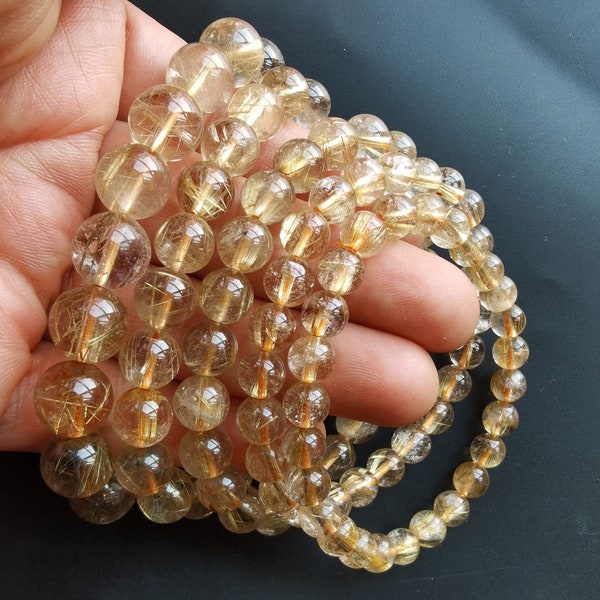 Quartz rutilé doré naturel, bracelet en perles de cristal, 8 mm, 9 mm, 11 mm, bracelet en quartz pierre de guérison lisse, cadeau femme, homme, bracelet extensible