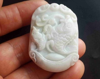 Oval Chinese Natural white Jade stone Pendant,Carved love fish Jade Link, Amulet Mythical Animals Necklace Pendant Jewerly MW1