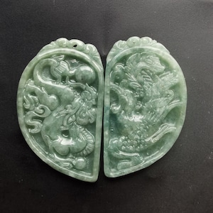 Chinese Dragon phoenix carved Natural green Jadeite Jade stone pendant,Grade A,Amulet man woman necklace gift,Gemstone good lucky jewelry