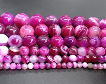 Round Stripe purple pink Agate Beads, 4mm 6mm 8mm 10mm 12mm 14mm 16mm, Semi-precious Gemstone bead, Natural Stones for Making Full 1 Strand