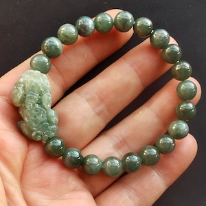 Rond, natuurlijke groene jadekralen Pixiu-draakarmband, klasse A natuurlijke jadesteenarmband, amuletarmband, uniseks armband