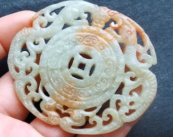 Colgante de piedra de jade natural con talla ovalada de flor de fénix y dragón, amuleto mítico para hacer collares hechos a mano, joyería, regalo
