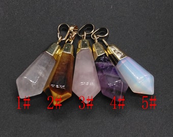 May include: Five gold-capped crystal point pendants, each with a different color: pink, brown, light pink, purple, and white. The pendants are numbered 1 through 5.