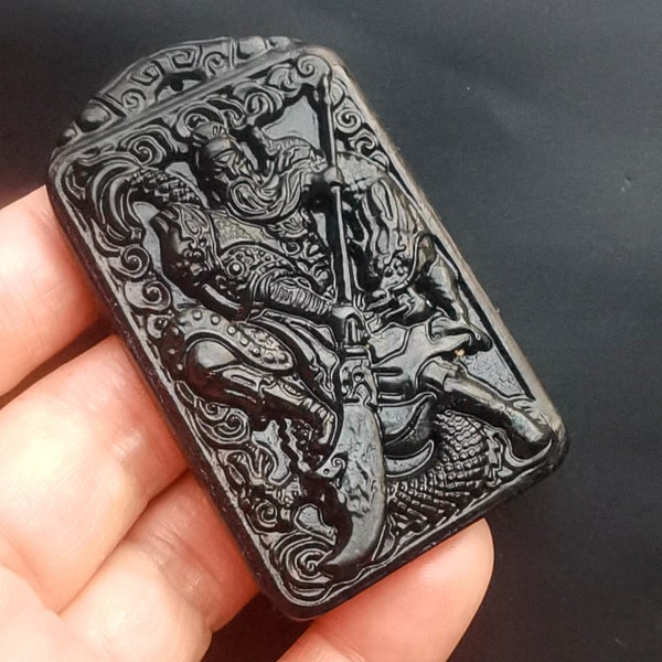 rectangle Chinese Guan Yu,dragon,God of War natural black green Jade stone Pendant,Amulet Mythical Necklace Pendant Jewerly MB