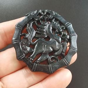 Chinesischer Jade Pferd Drache schwarz grün Jade Anhänger,Kreis natürliche Jade Anhänger, Amulett Talisman, handgemachte Halskette Anhänger Jewerly MB