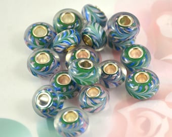 Green Peacock Lampwork Beads: Large Hole Rondelle Charm (4.5mm)